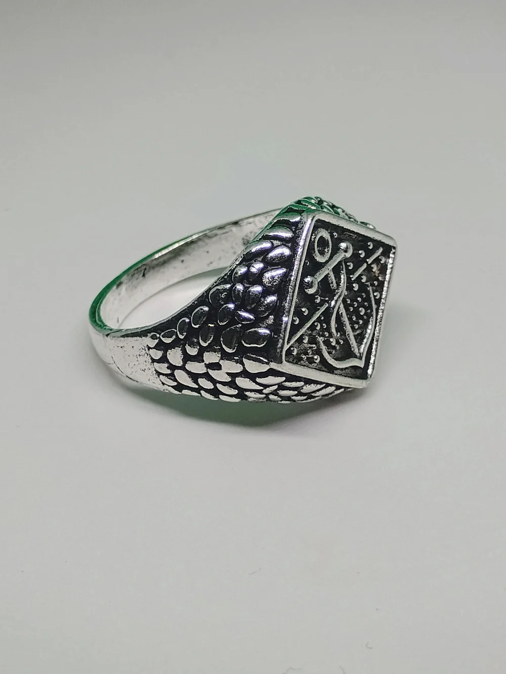 Size 10 Silver-Tone Anchor Signet Ring with Green Accents - Men's Accessory